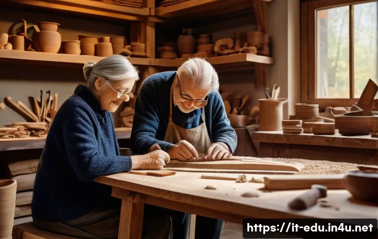 시니어 공예 수업 - An elderly Italian man and woman sitting together at a rustic wooden table in a cozy workshop, focus...