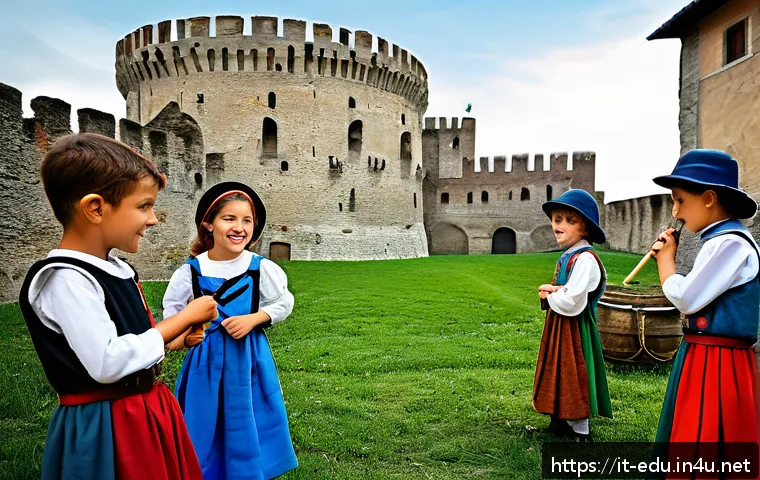 어린이 문화 체험 - A lively medieval castle scene in Milan featuring children aged 5-12 dressed in historically inspire...