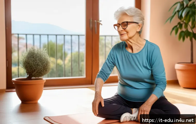 시니어 건강 체조 - An elderly Italian woman in comfortable, modest athletic wear performing gentle shoulder rotations a...