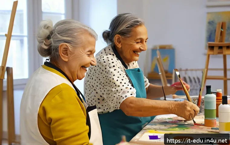 노인 취미 활동 - A vibrant community art workshop scene in a sunny Italian studio filled with diverse older adults we...