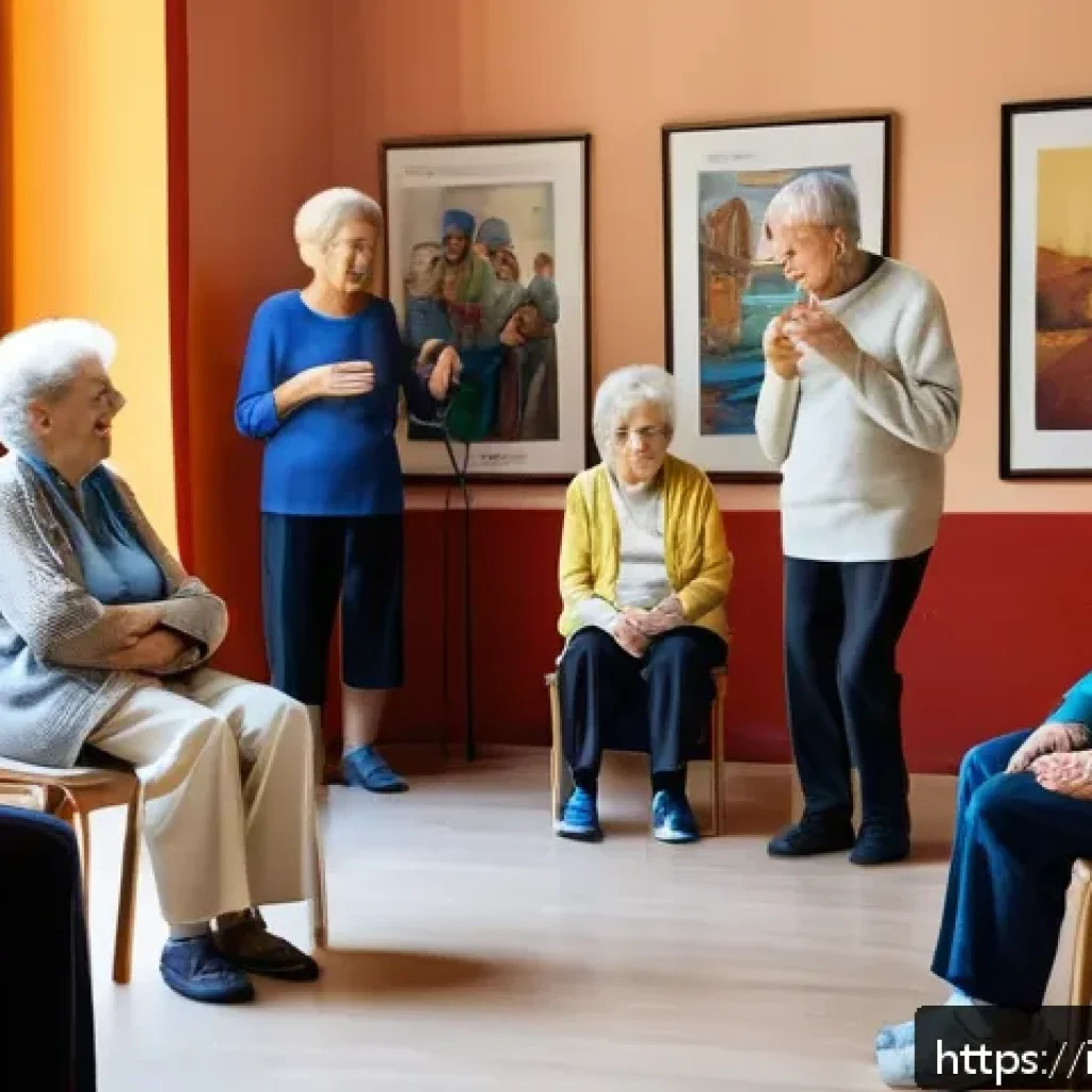 시니어 연극 수업 - A warm and inviting senior theater workshop scene set in an Italian cultural center, featuring elder...