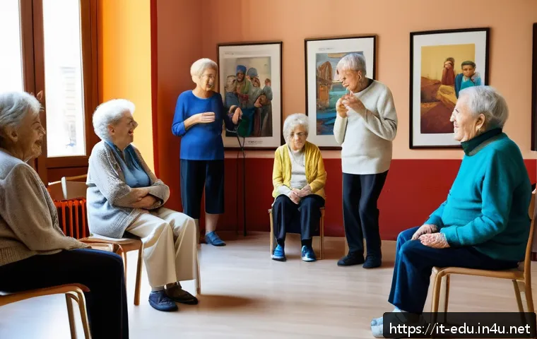 시니어 연극 수업 - A warm and inviting senior theater workshop scene set in an Italian cultural center, featuring elder...