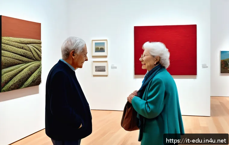 노인 미술 전시회 개최 - A warm, inviting art exhibition featuring senior artists displaying paintings and sculptures made fr...