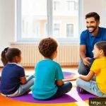 어린이 사회성 프로그램 - A warm, inviting classroom scene showing a diverse group of young children aged 5-7 engaged in a coo...