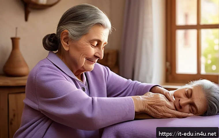 시니어 마사지 수업 - An elderly Italian woman receiving a gentle shoulder and back massage in a cozy home setting, wearin...