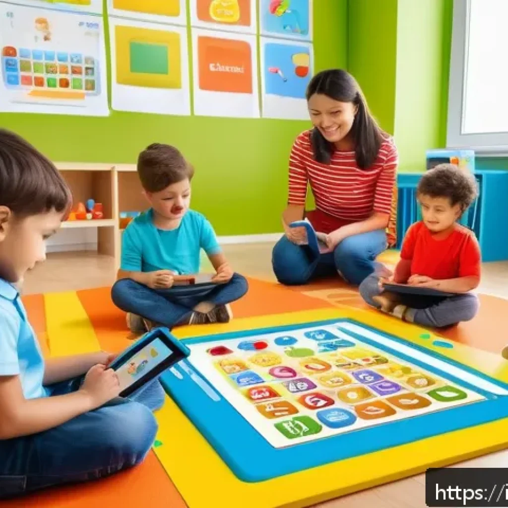 아동 교육용 앱 추천 - A colorful preschool classroom scene featuring cheerful children aged 3-6 years, wearing casual clot...