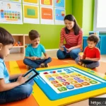 아동 교육용 앱 추천 - A colorful preschool classroom scene featuring cheerful children aged 3-6 years, wearing casual clot...