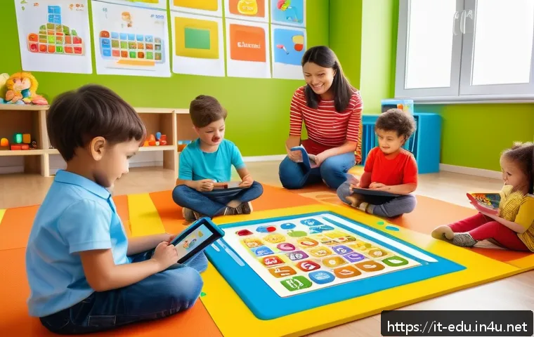 아동 교육용 앱 추천 - A colorful preschool classroom scene featuring cheerful children aged 3-6 years, wearing casual clot...