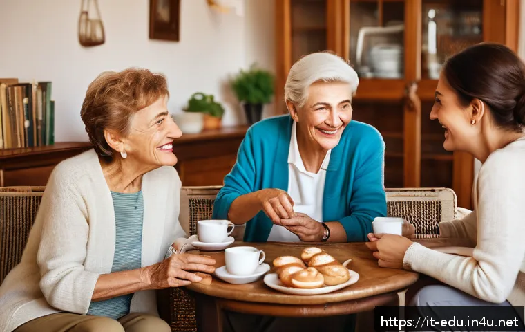 시니어 감정 관리 - A warm and inviting scene of a diverse group of elderly Italian friends gathered in a cozy living ro...