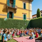 어린이 음악회 참여 - A lively children&rsquo;s concert scene in an Italian open-air venue during spring, featuring a small grou...
