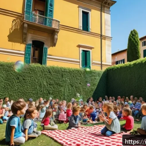 어린이 음악회 참여 - A lively children&rsquo;s concert scene in an Italian open-air venue during spring, featuring a small grou...