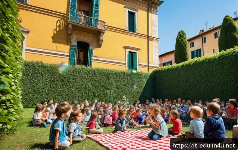 어린이 음악회 참여 - A lively children’s concert scene in an Italian open-air venue during spring, featuring a small grou...
