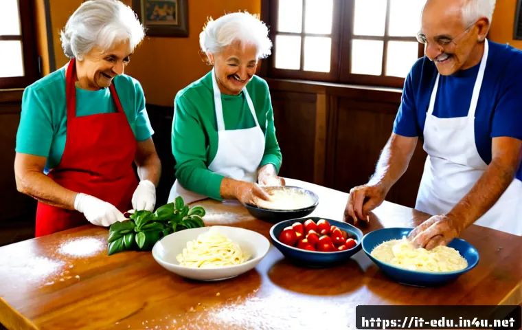 Home 17 시니어 요리 클래스 - Photorealistic senior Italian cooking class in a bright Tuscan-style community kitchen, three cheerf...