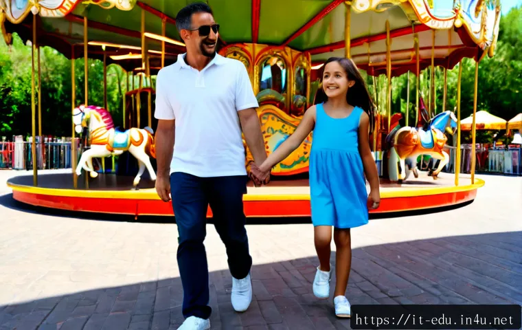 아동 테마파크 방문 - Photorealistic family visit to a cheerful Italian children’s theme park, two parents with two school...