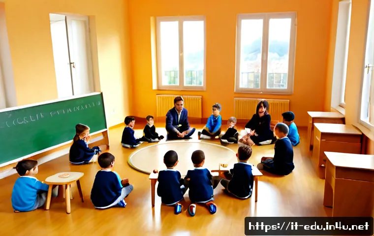 어린이 사회학 교육 - Photorealistic Italian primary school classroom, a warm and approachable teacher guiding a small div...